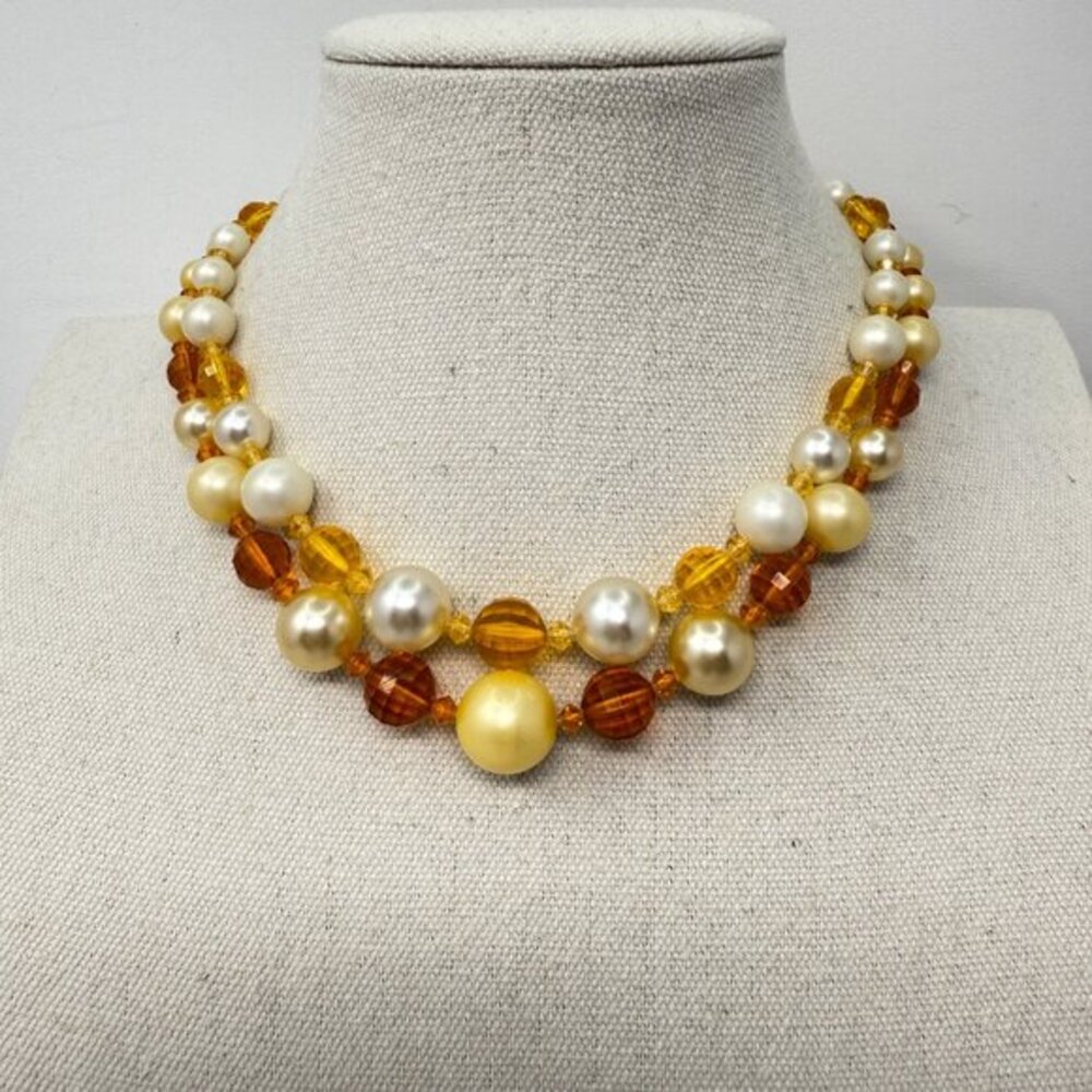 Vintage Beaded Choker Necklace‎ Imitation Pearls Orange Faceted Mid-Century